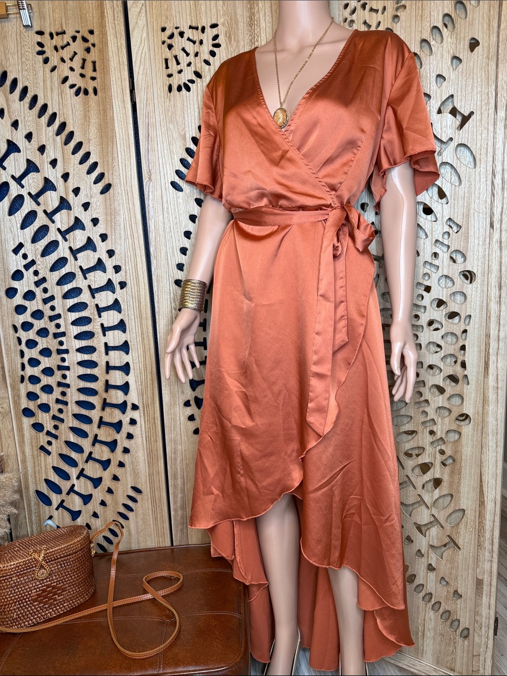 Lovely Burnt Orange Satin Wrap High-Low Dress